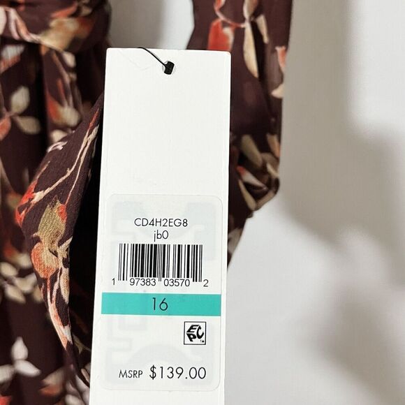 Calvin Klein Printed Round Neck Midi Chiffon Dress Size 16 Syrah Multi Belted - Picture 14 of 14